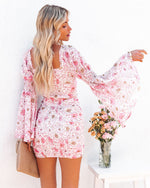 Pink % Precious Poppies Ruched Bell Sleeve Mini Dress-2
