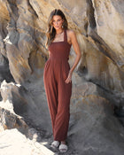 Chocolate % Shore Vacays Cotton Smocked Pocketed Back Tie Jumpsuit-1