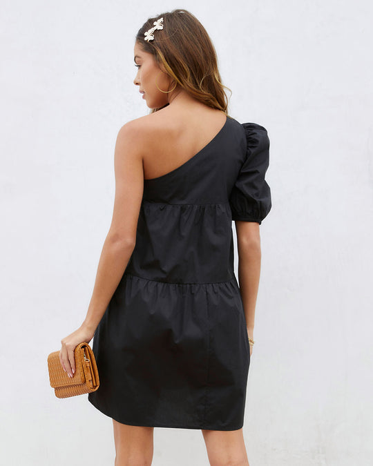 Black % Washington Cotton One Shoulder Pocketed Mini Dress-2