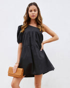 Black % Washington Cotton One Shoulder Pocketed Mini Dress-1